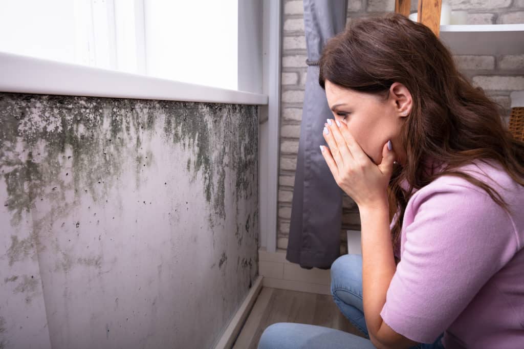 woman with face in hands finds hidden mold on the wall when buying a home