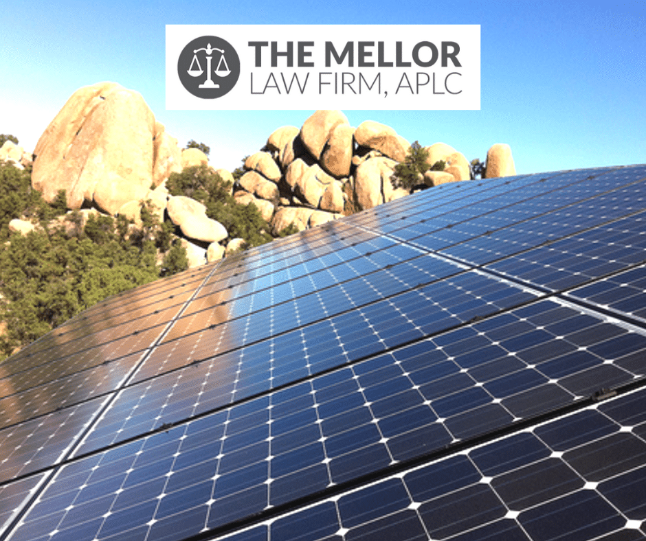 Mellor law firm logo in front of solar panels